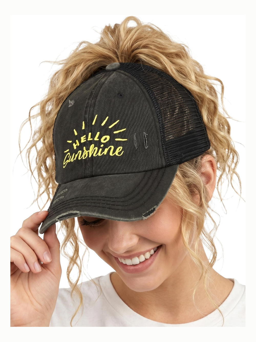 Criss Cross Ponytail Cap, Messy Bun Distressed | Hello Sunshine, Black | Size OS